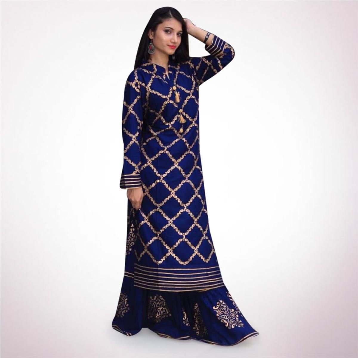 Exclusive Unstitched Navy Blue Cotton Block Printed Salwar Kameez For Women