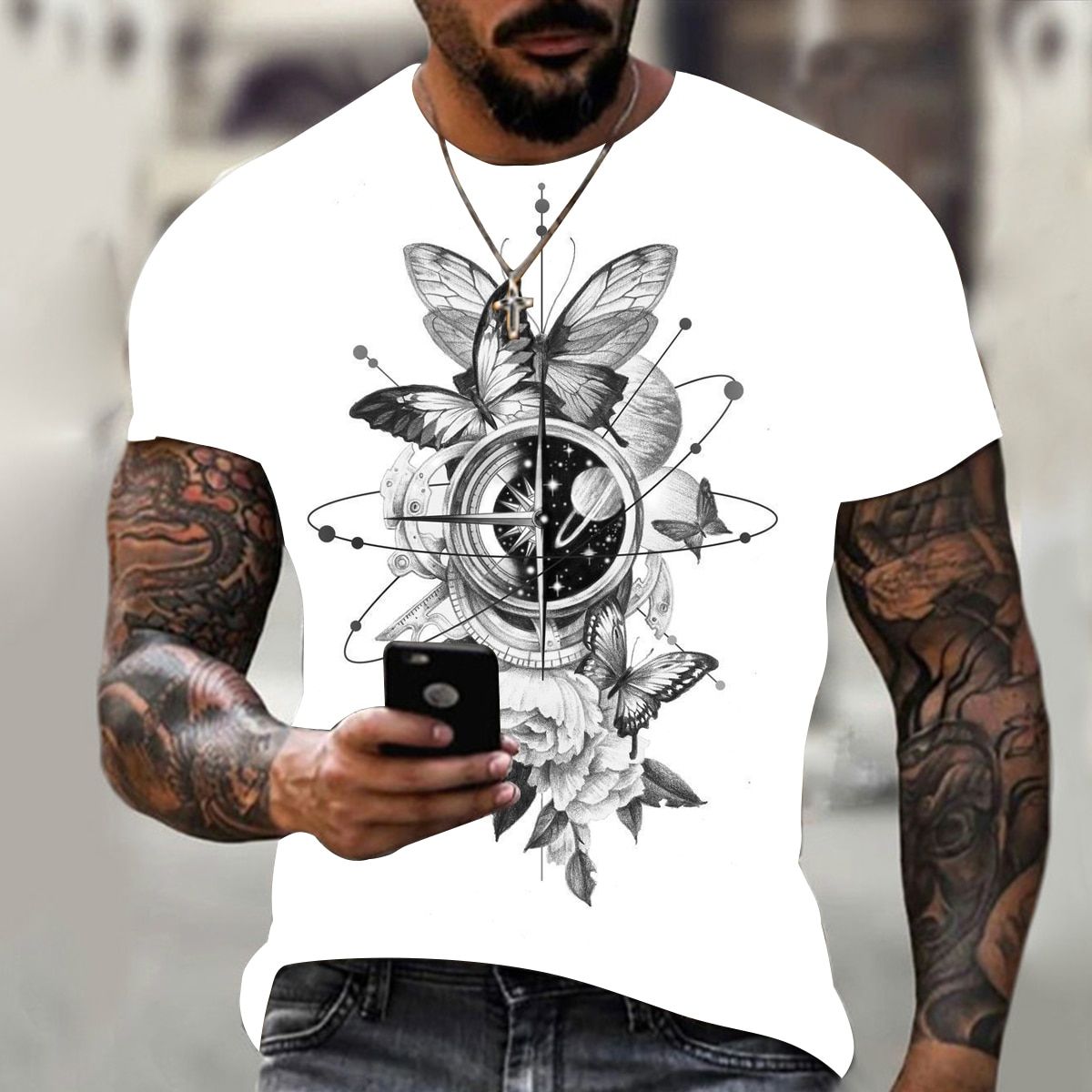 Summer fashion trend men's compass 3D printing T-shirt summer cross wind T-shirt short sleeve fashion streetwear