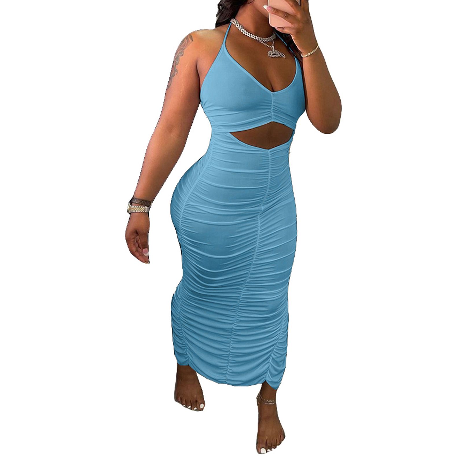 Women Summer Dress, Solid Color Hollow-Out Tied Halter Neck Backless Ruffled Long Skirt with Slit for Ladies, 3 Colors