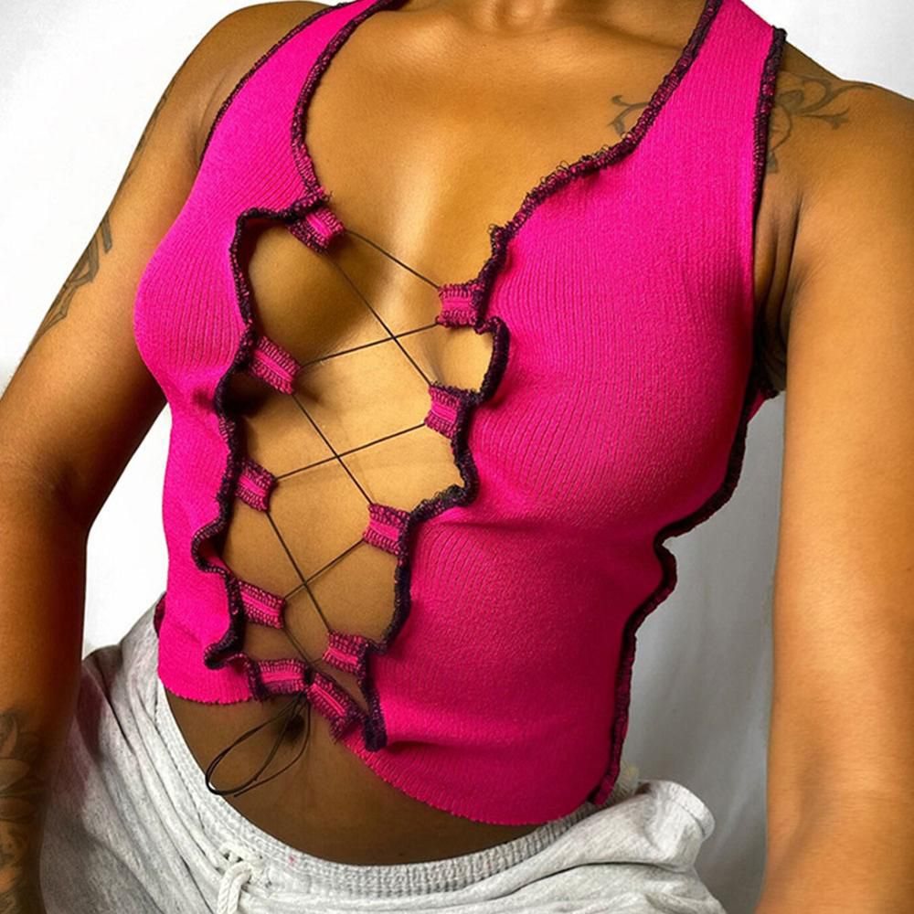 Women Printed Front Bandage Crop Top Summer Tank Tops Hollow Out Sleeveless Club Vest Shirts Female