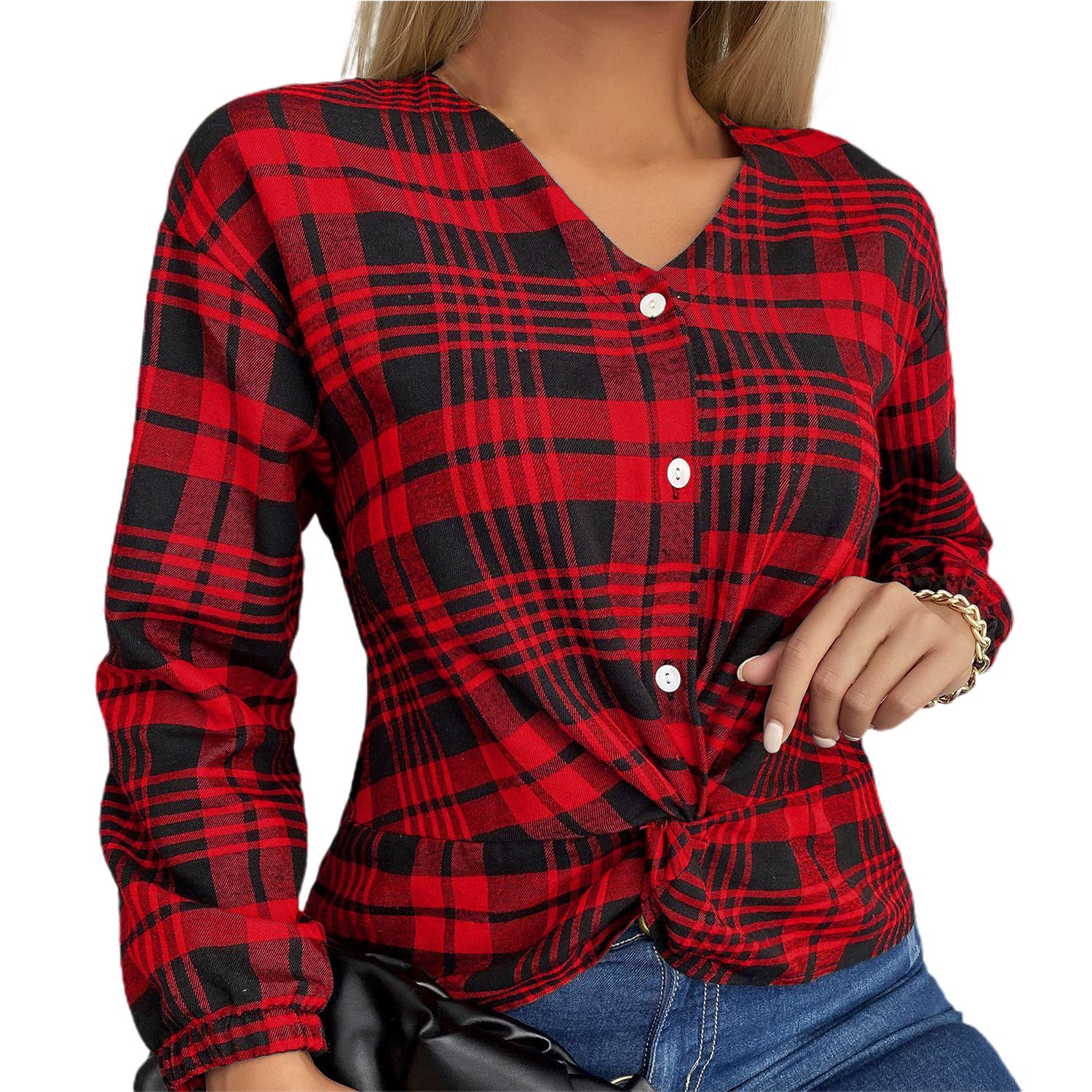 Women Top Plaid Asymmetric Buttons Shirt