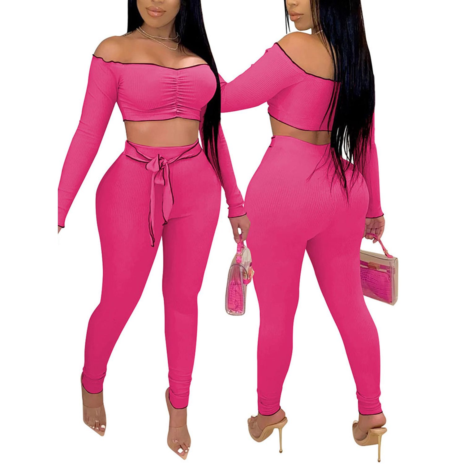 Women's Off Shoulder 2-piece Set, Solid Color Long Sleeve Top and Trousers, Sexyy Casual Suit