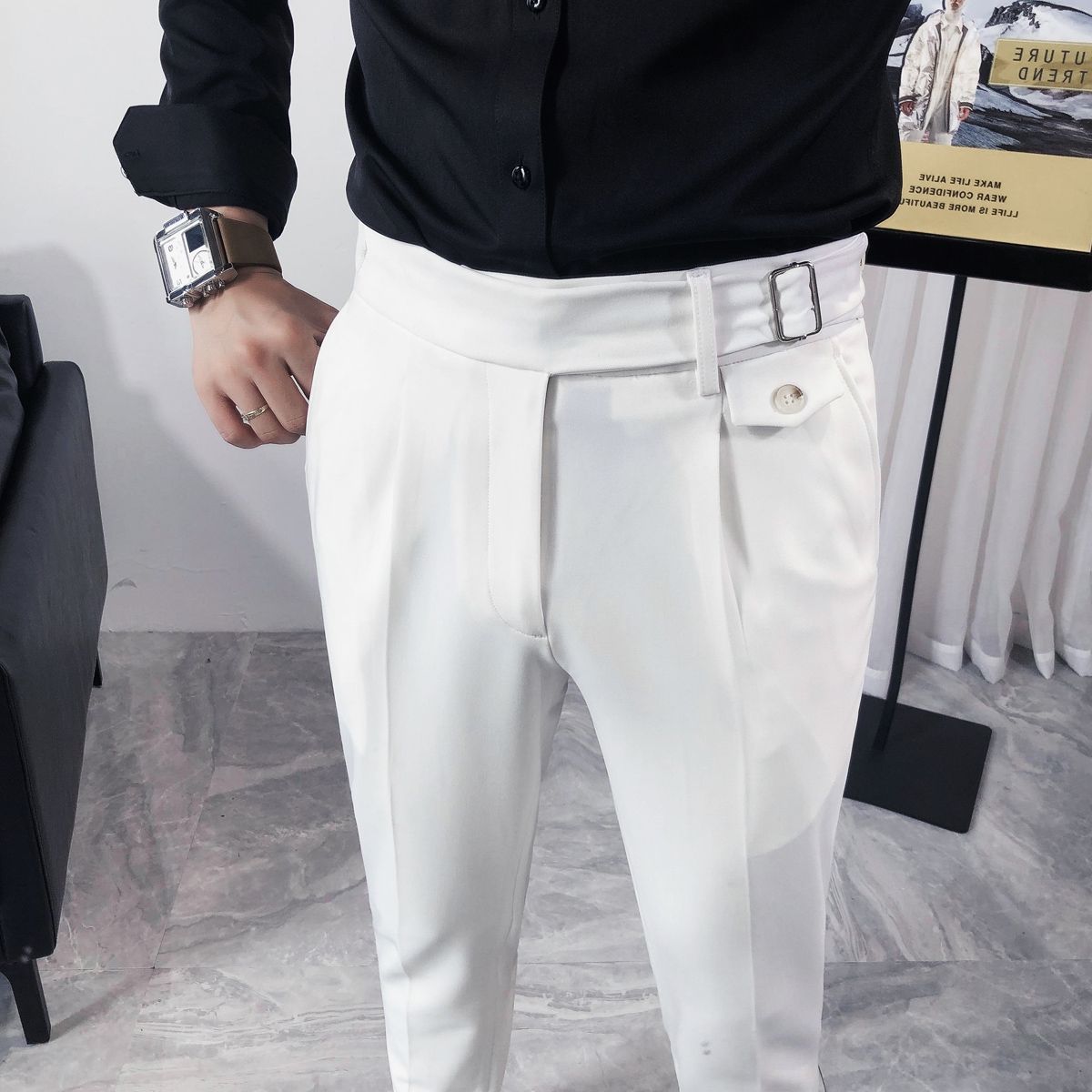 Korean Style Fall Fashion All-match Straight Pants White Autumn Streetwear Men Business Casual Slim Fit Pant Office Trousers Men