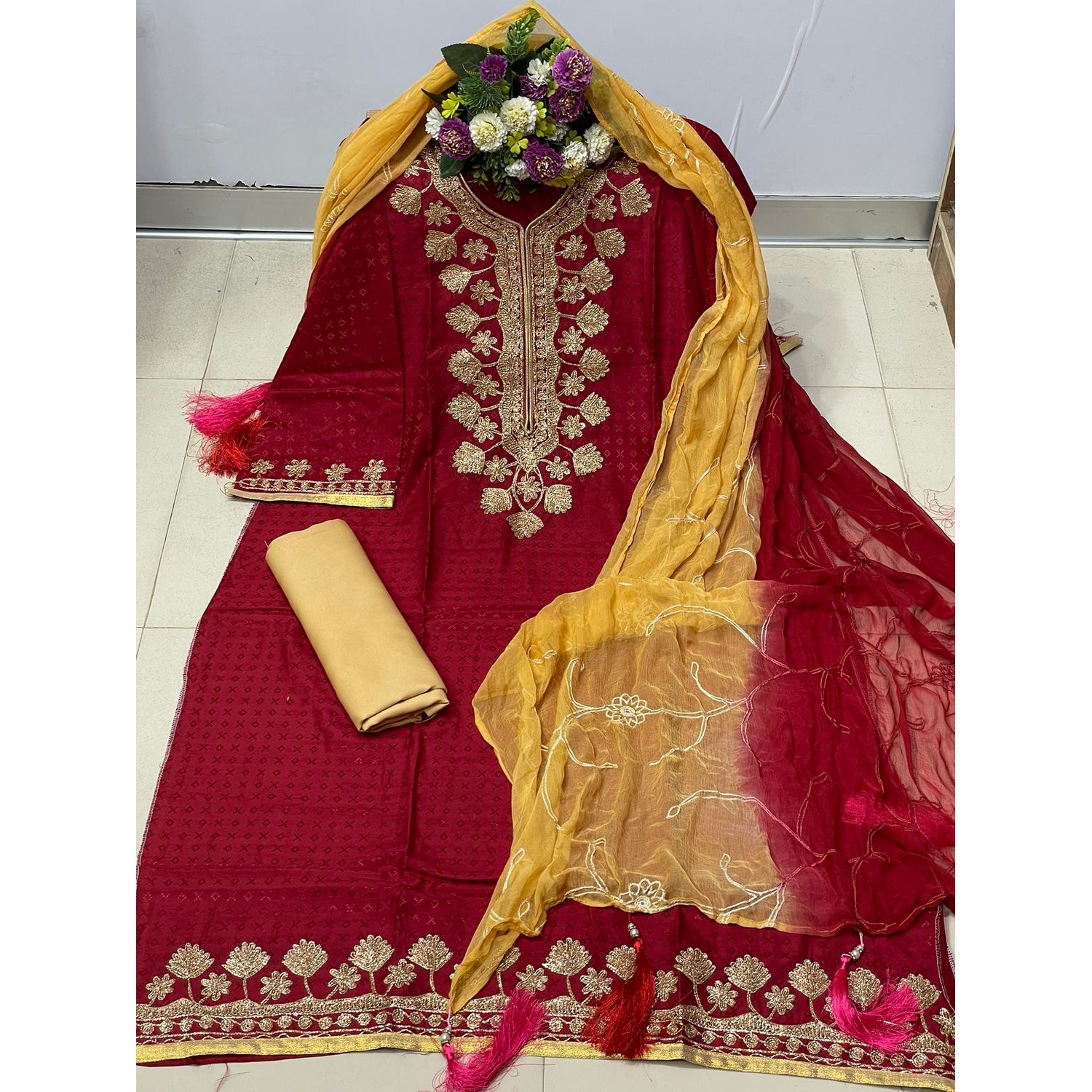 Women's Rayon Cot Embroidery & Ari Work Long Dress ( Free Size)- 3 piece