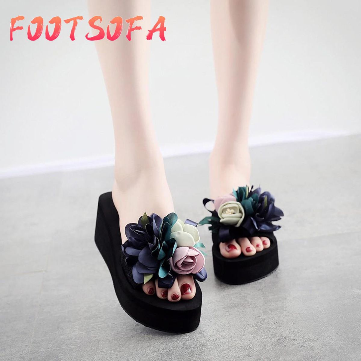 Fashion Women Slip-on Open Toe Wedges Heels Causal Flower Slipper Slides Shoes