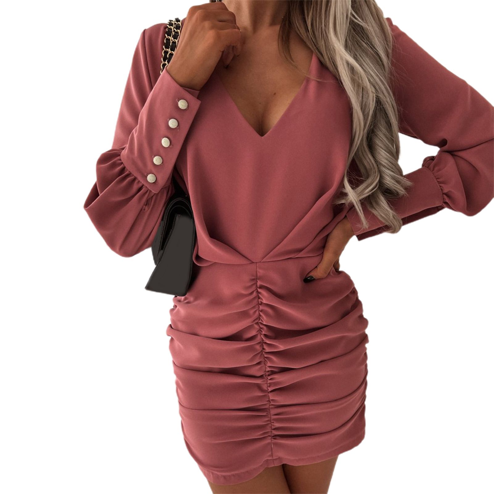 Bodycon Dress Pleats Slim Above Knee Length Bodycon Dress