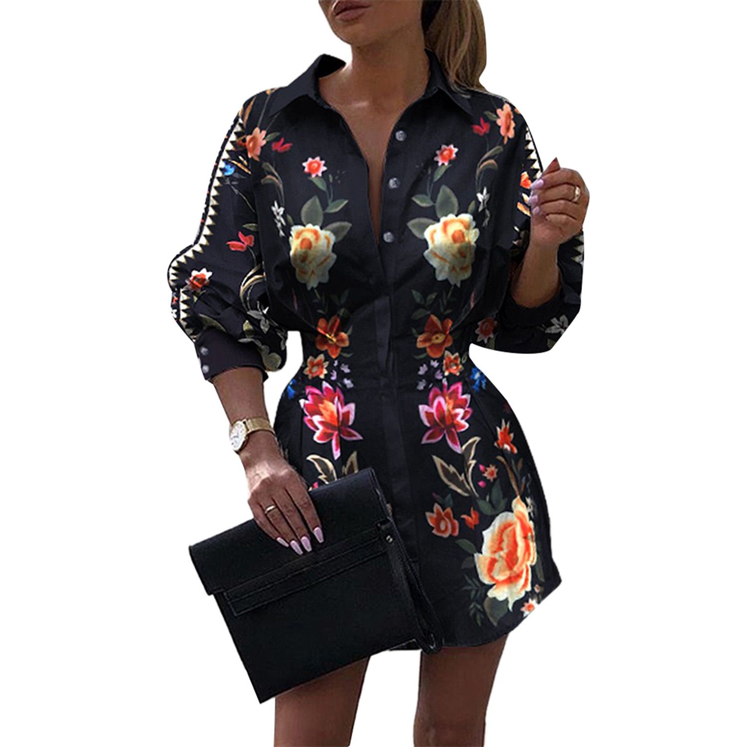 2021 Women Lapel Floral Print Dress Ladies Fashion Long Sleeve Dress for Party Daily Wear