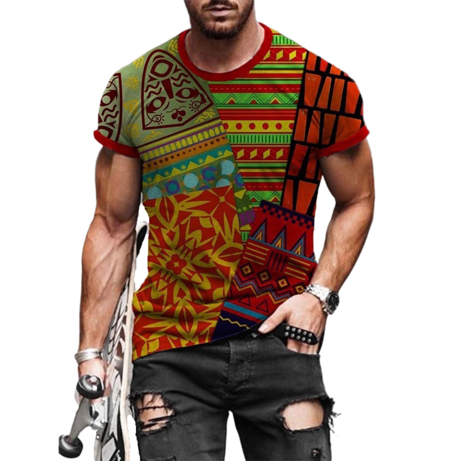 Slim T-shirt Ethnic Print Slim Pullover Men Short Sleeve O Neck Top for Summer