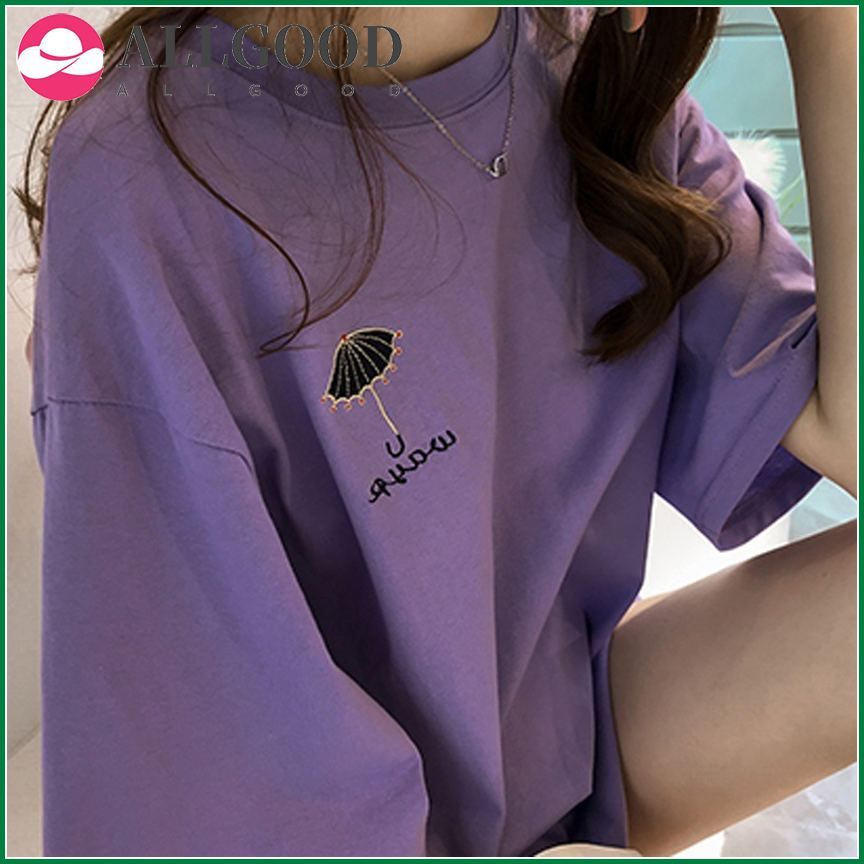 Basic Style T shirts Women High Quality Umbrella Embroidery Short Sleeve Round Neck Women Tops Casual Loose Tee shirt Femme
