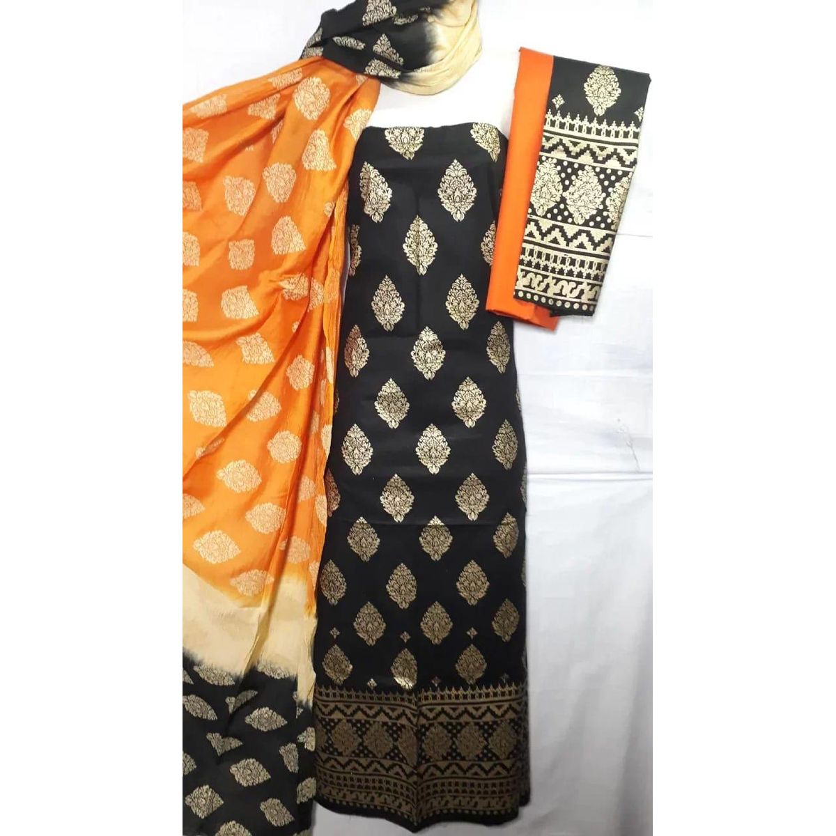 Unstitched Black Color Cotton Screen Printed Salwar Kameez for Women