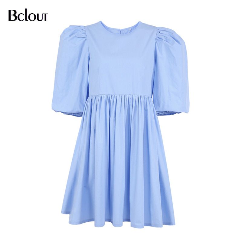 Bclout Green Vintage Puff Sleeve Women Dress Elegant High Waist  A-Line Dresses O Neck Sexy Summer Short Dress 2021 Vestido