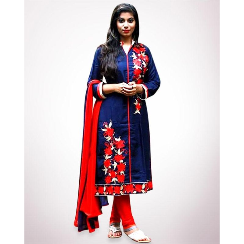 Unstitched Navy Blue  Printed Cotton Salwar Kameez For Women