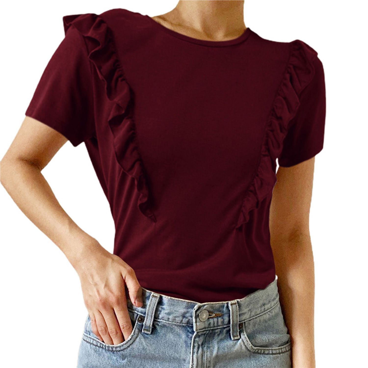 Women Blouse Shrink Resistant Women Summer Ruffle T-shirt