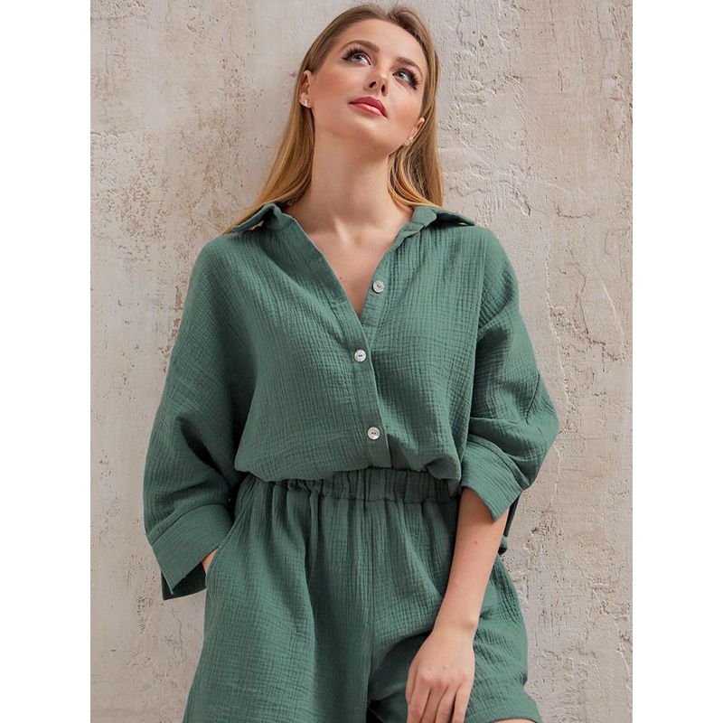 Pijamas Summer/Autumn y Suits With Shorts 100%Cotton Women Pajama Feminino Summer Turn Down Collar Sleepwear Trousers Pocket