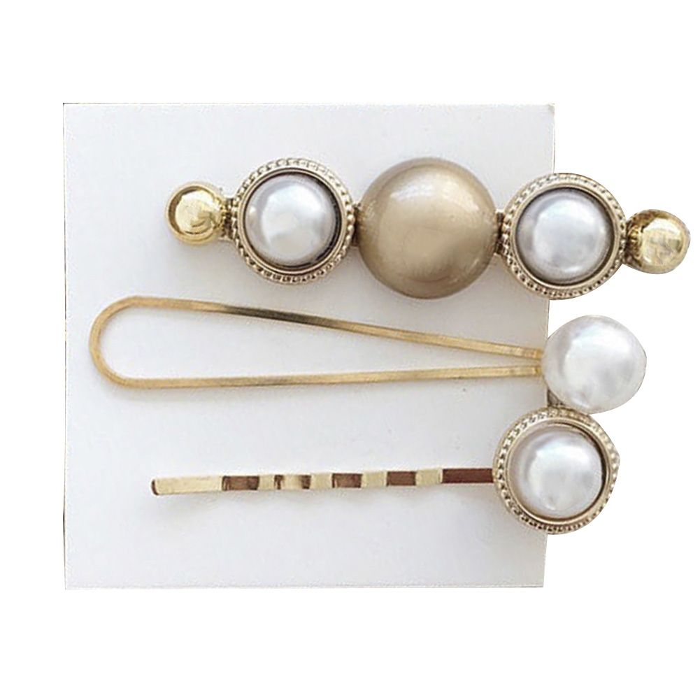 3Pcs/Set Women Houndstooth Button Imitation Pearl Hair Clips Heart Star Hairpin