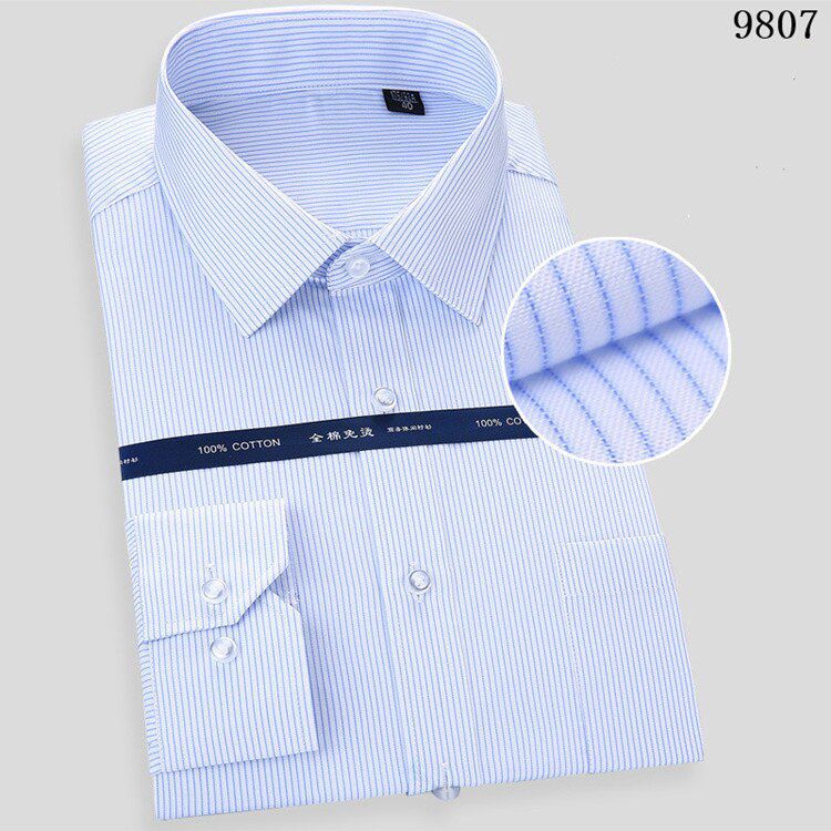 High Quality Non-iron Men's Long Sleeved Dress Shirt White Blue Stripe Business Casual Male Social Regular Fit Plus Size S-8XL