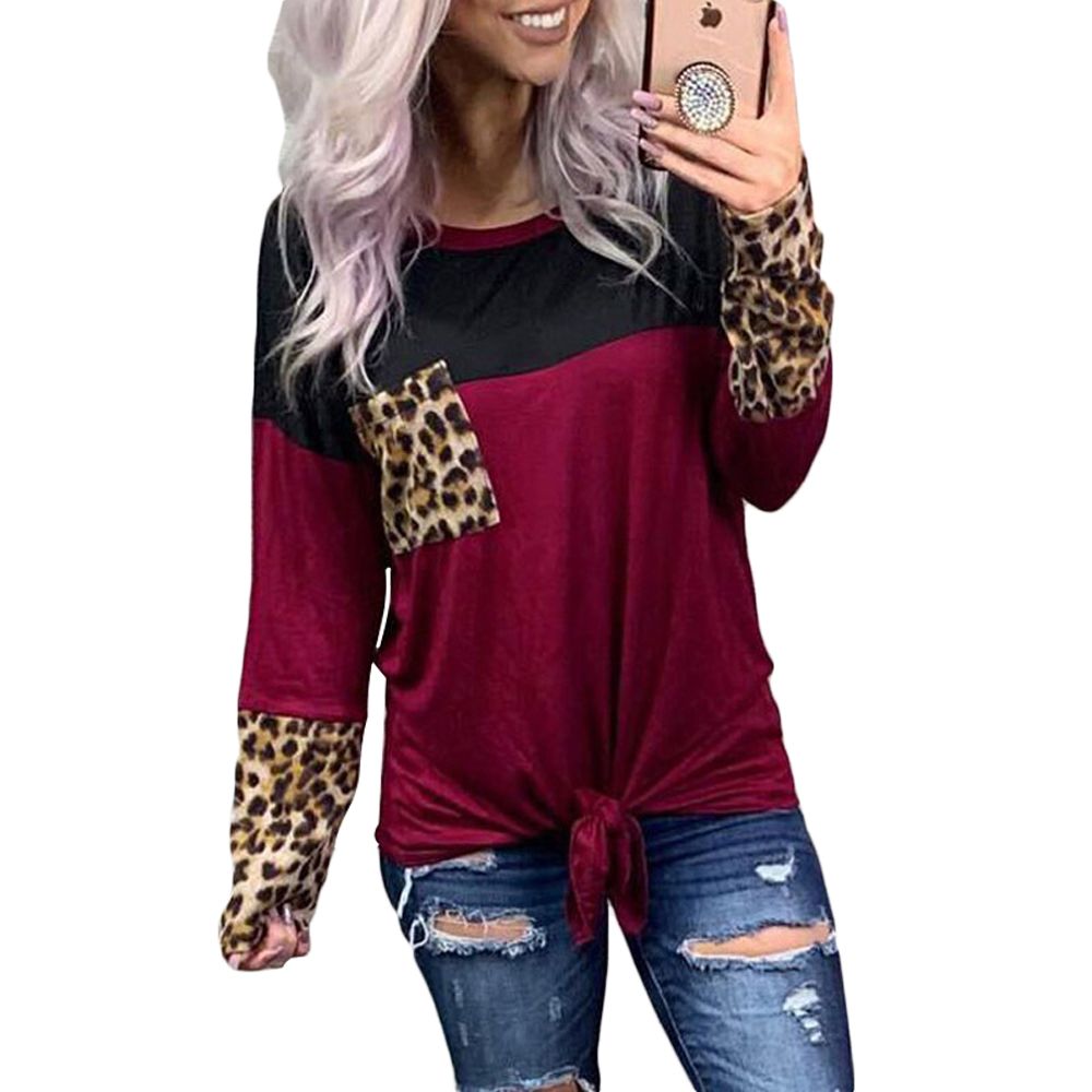 New Long-sleeved T-shirt Leopard Round Neck Stitching Contrast Color Lace Pocket Cotton Blend Long-sleev