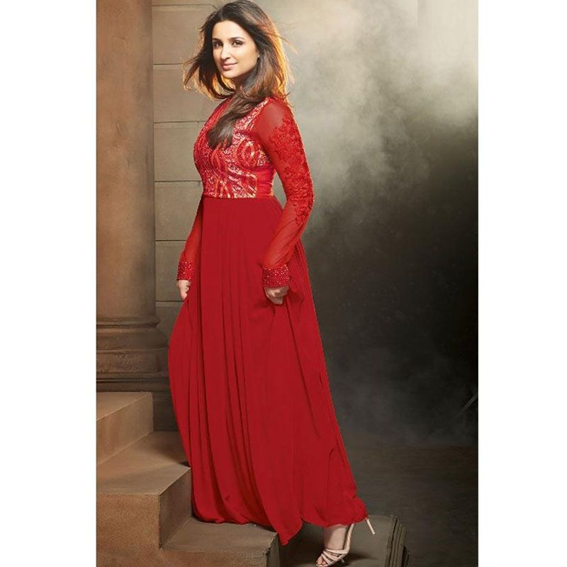 Crimson Georgette Semi Stitched Long Dress for Women
