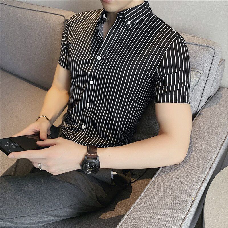 Korean Summer Striped Men Dress Shirts Short Sleeve Simple All Match Slim Fit Non-Iron Casual Business Formal Wear Blouse Homme