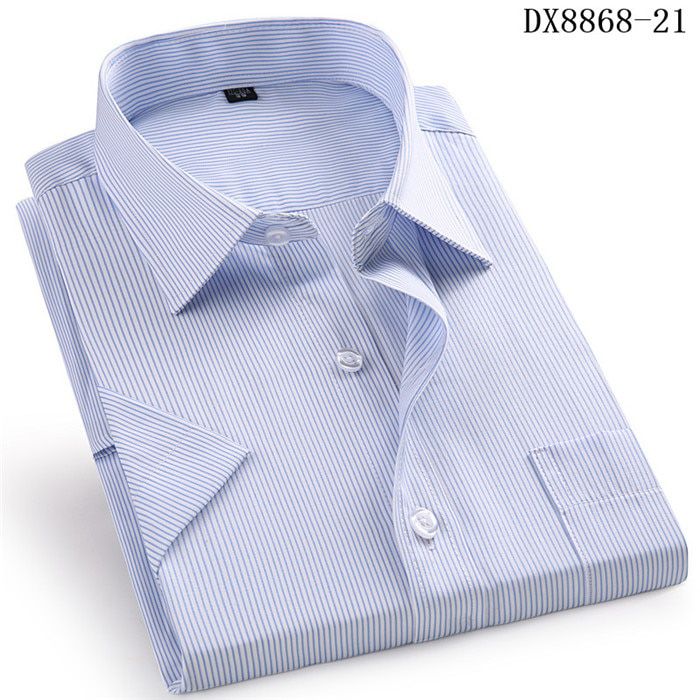 Men Business Casual Summer Short-Sleeved Shirt Regular-Fit Striped Plaid Solid Color Dress Shirt Male Social Formal Shirt Big