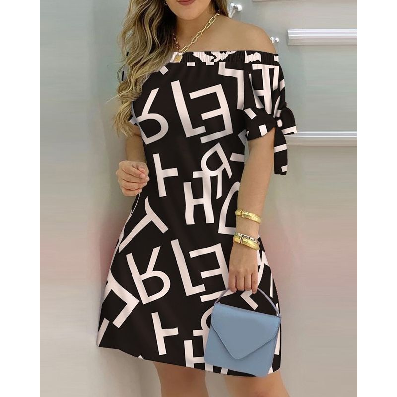 Fashion Casual Stripped Lace up Short Sleeves A Line Mini Dress Women Summer Off shoulder Dress Women
