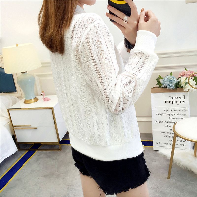 Women's Summer Baseball Jersey Outwear Cardigan Lace Mesh Hollow Sweatshirt Outcoat Long Sleeve Zipper  Slim Fit Sunproof Clothes