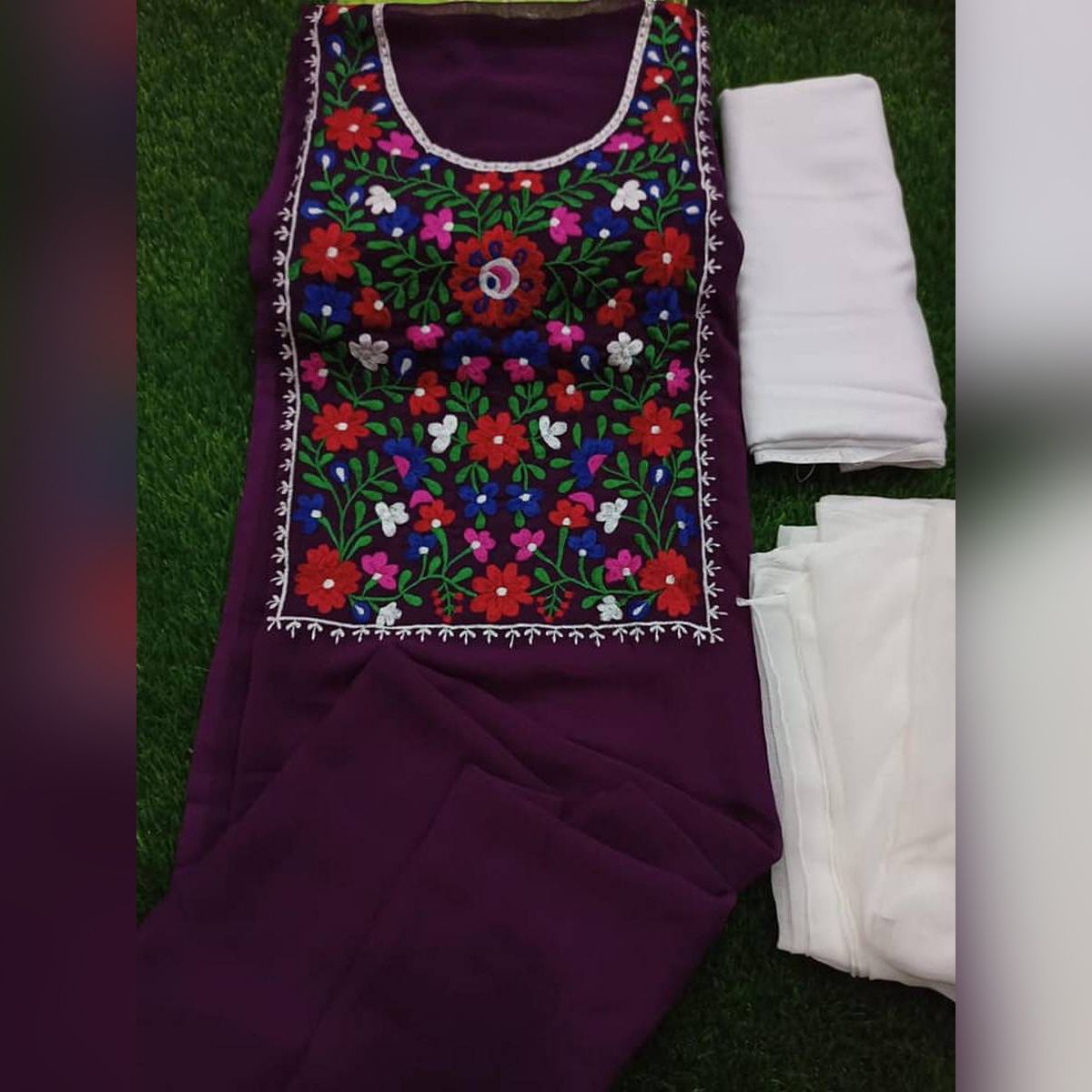 Maroon Color Indian Unstitched Georgette Embroidery & Puthi Work 3 Piece Salwar Kameez For Women Three Piece