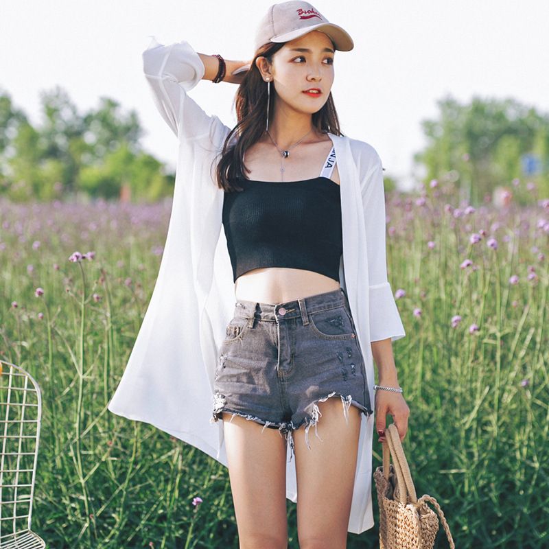 Women Summer Sun Protection Chiffon Shirt Plus Size Trumpet Sleeve Thin Mid-length Cardigan