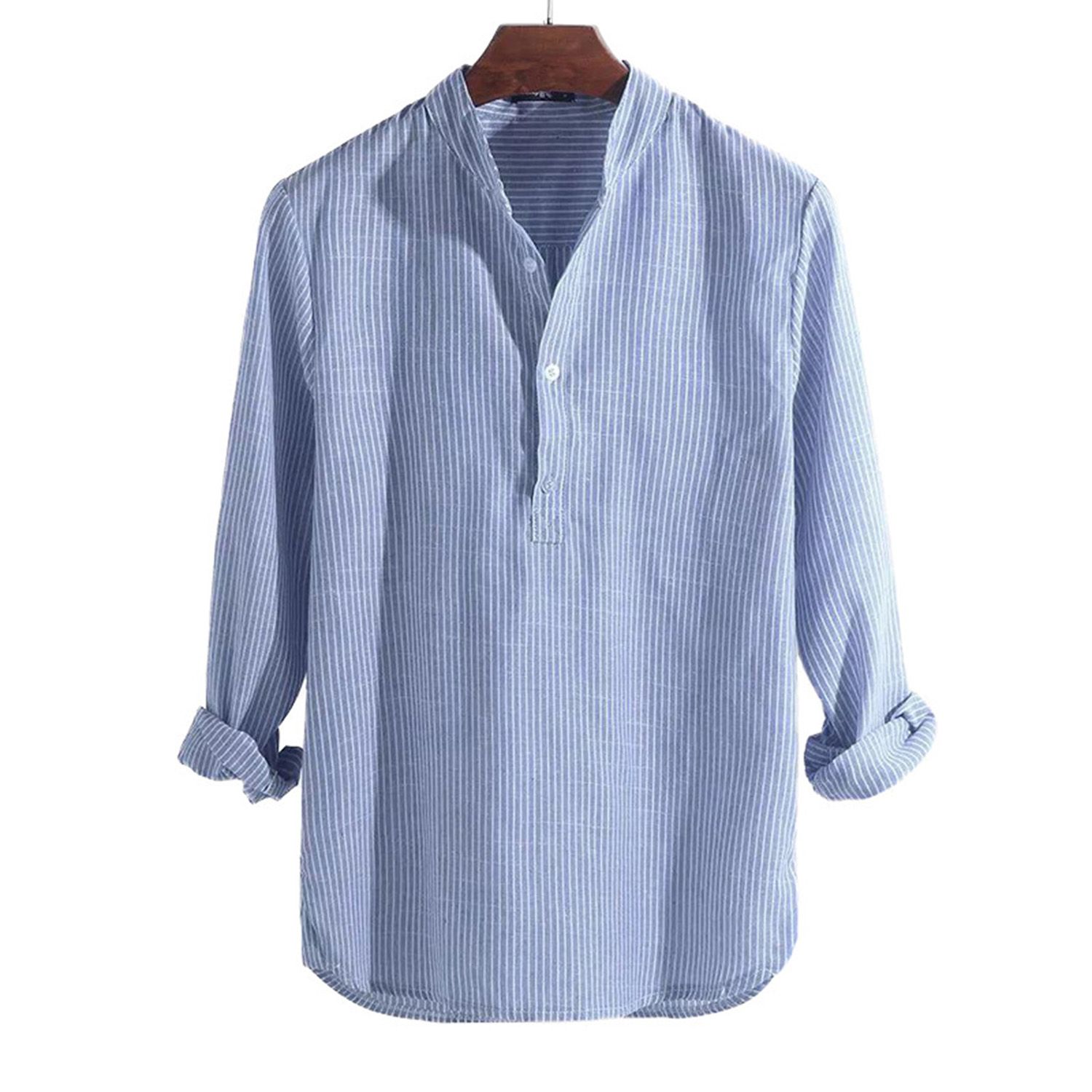 Men Shirt Striped Stand Collar Soft Long Sleeve Buttons Blouse for Dating