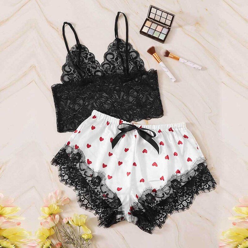 Women Sleep Wear y Lingerie Satin Lace V-Neck Camisole Shorts Set Sleepwear Pajamas Women y Clothes Strapless Home Wear