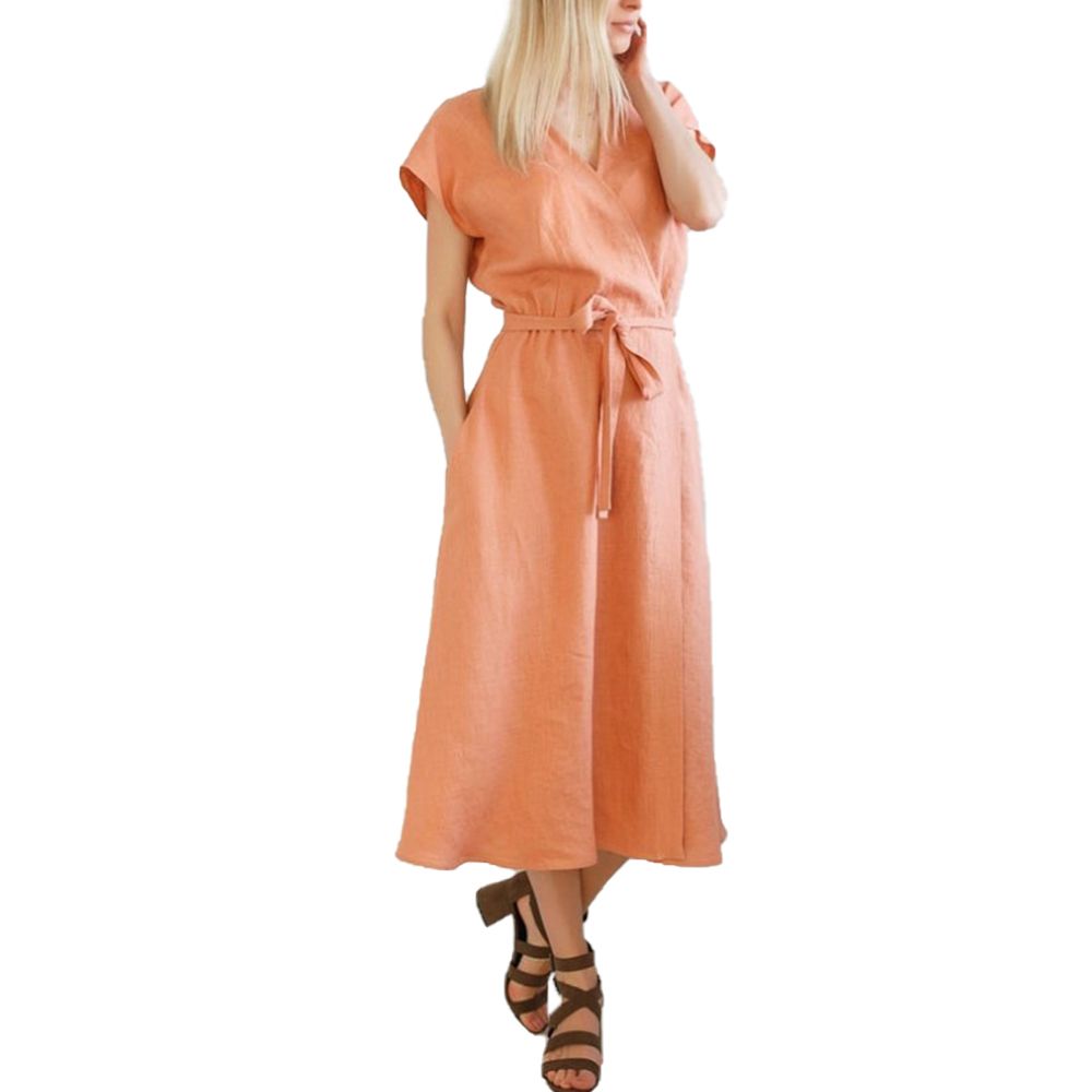 Fashion Women's Solid Color Dress V-Neck Short Sleeve Waist Strap Summer Mini Dress
