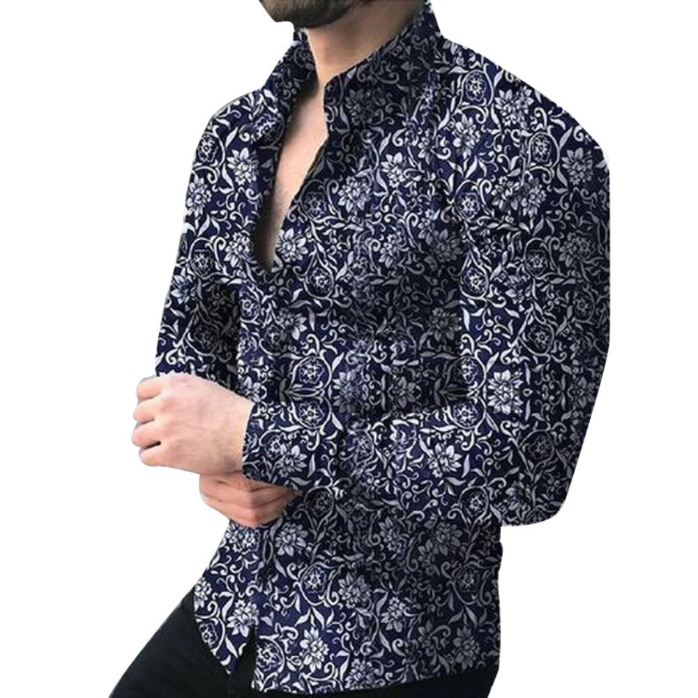 Spring Autumn Business Men Fashion Floral Print Slim Fit Long Sleeve Shirt Top