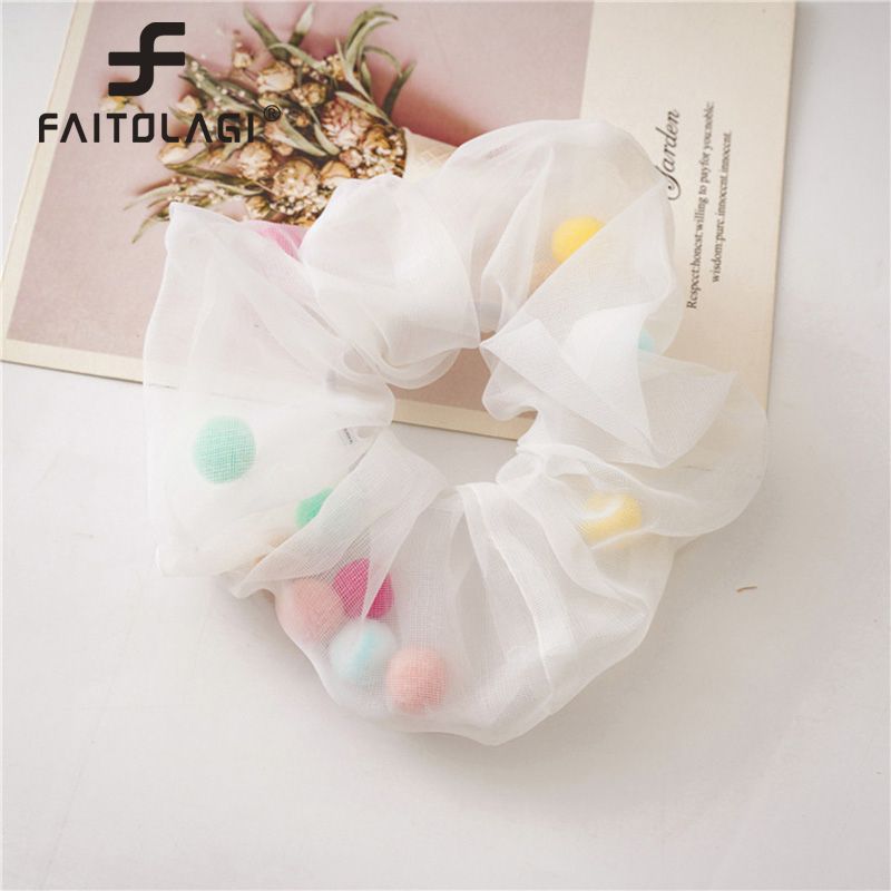 Women Hair Tie Rope Organza Scrunchie with Color Mesh Gauze Ball Cute Bead Princess Headwear Elastic Hair Bands