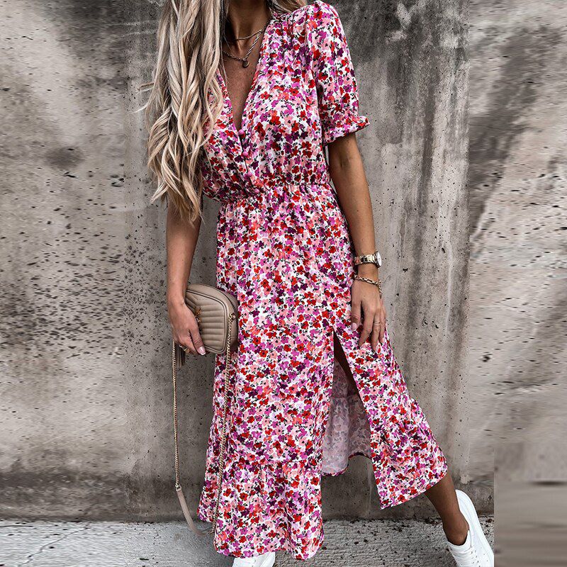 Women Floral Print V Neck Side Slit Party Dress Spring Summer Short Sleeve Elegant Ladies Elastic Waist Slim Dress Vestidos