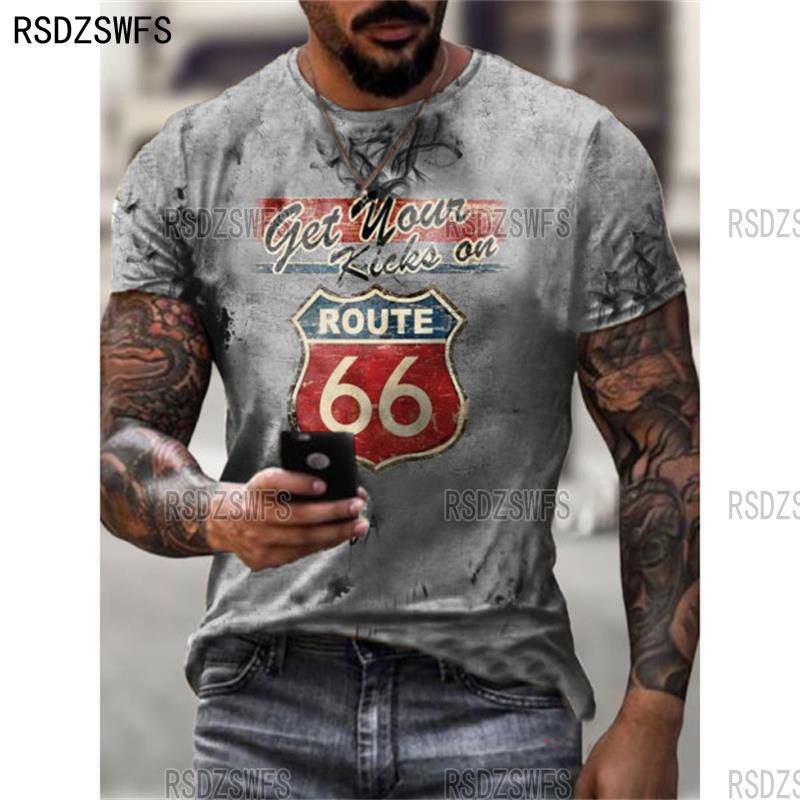 Summer New Mens T Shirts Oversized Loose Clothes Vintage Short Sleeve Fashion America Route 66 Letters Printed O Collared Tshirt