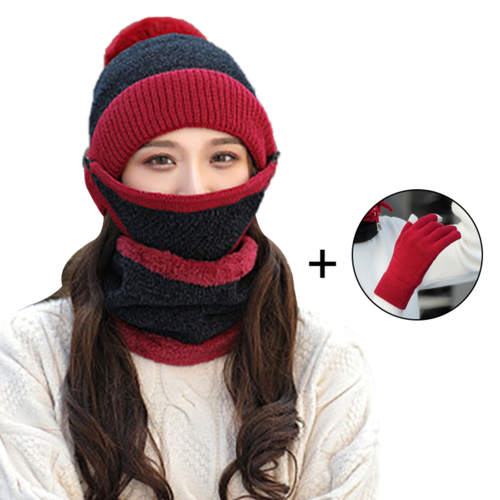 4Pcs/Set Women Winter Pompom Knitted Beanie Gloves Scarf Face Cover Warm Kit