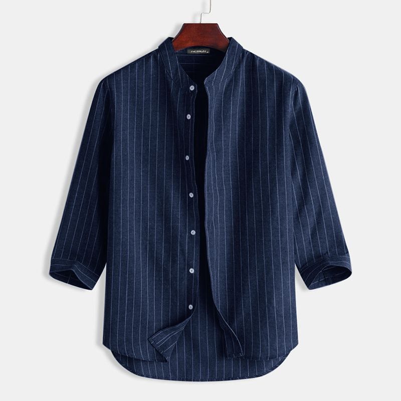 2021 Men Casual Striped Shirt Streetwear 3/4 Sleeve Stand Collar Leisure Tops Breathable Harajuku Camisa Masculina S-5XL INCERUN