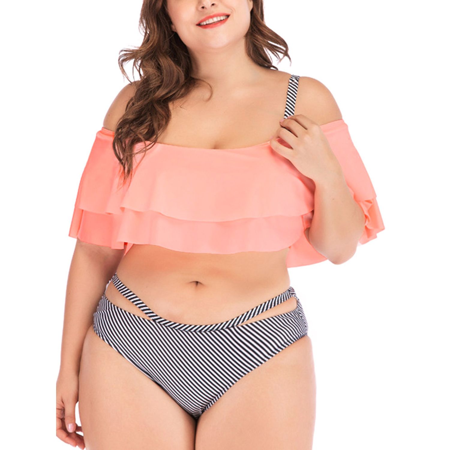 Women Two-piece Bathing Suit, Solid Color Off-the-shoulder Ruffle Top with Chest Pad Hollow-out Stripe Hip Brief Set