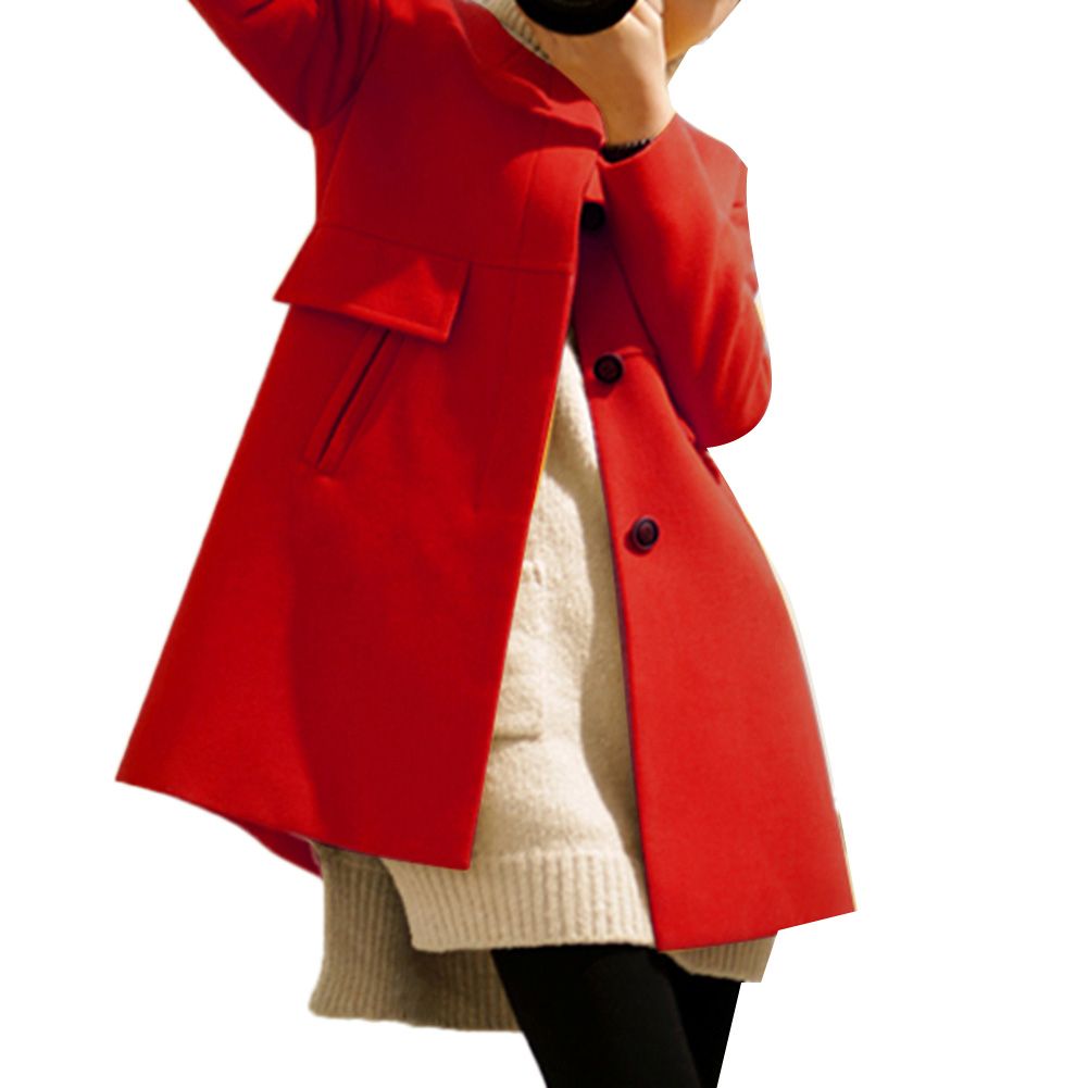 Women Winter Long Sleeve O Neck Button Pocket Plus Size Loose Woolen Trench Coat