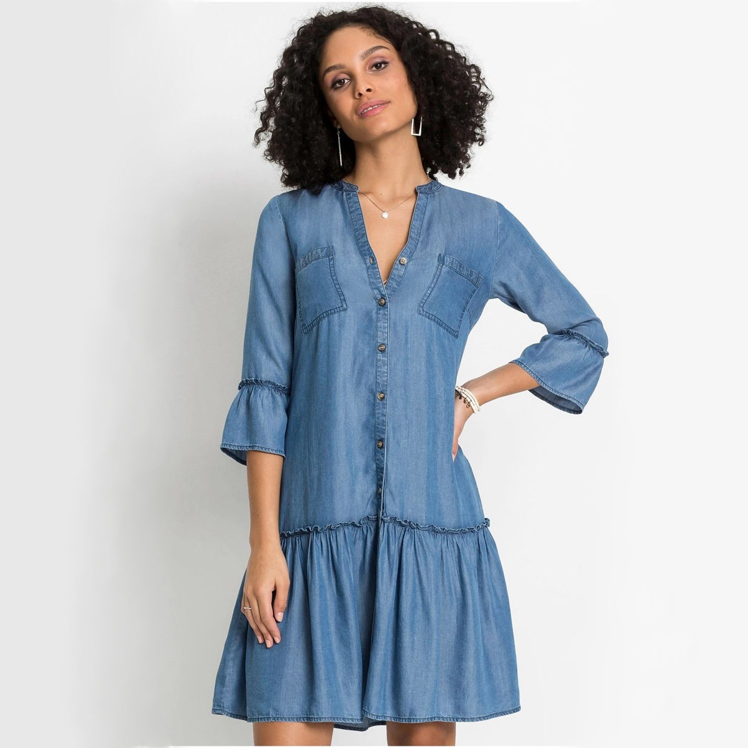 Ruffle Sleeve Ladies Long Tops (BLUE/W/CT-26)