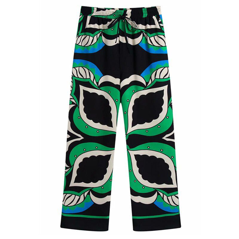 Casual Beach Loose Pants Lightweight Drawstring Elastic High Waist Women Ankle Length Green Print Straight Pant