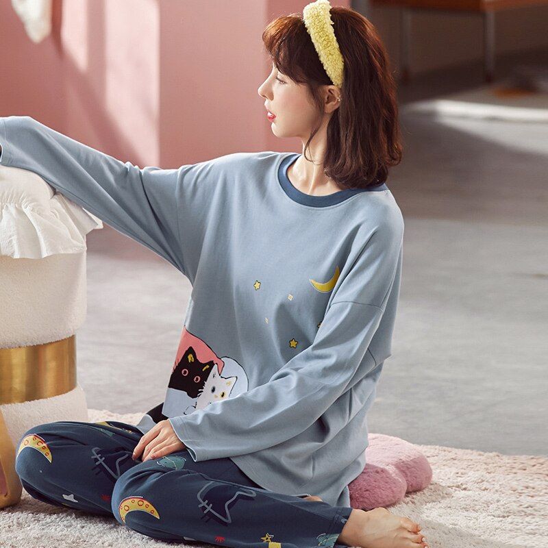 Plus Size 5XL Sleep Lounge Pajama Long Sleeve Top + Long Pant Woman Pajama Set Cartoon Print Pyjamas Cotton Sleepwear For Women