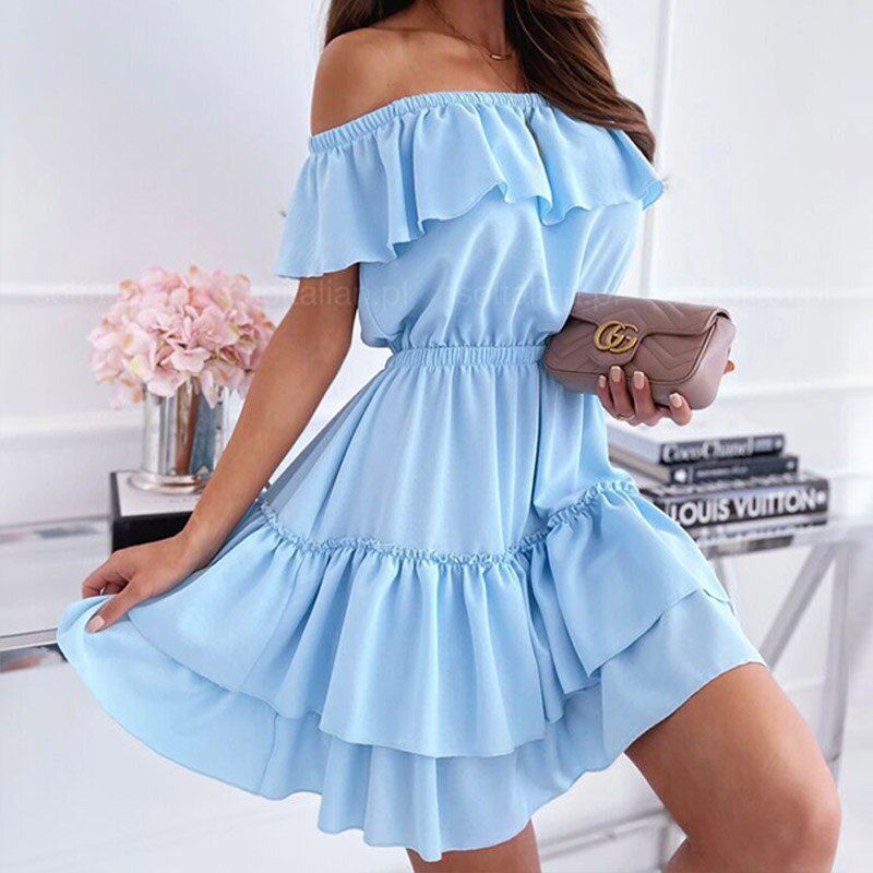 Elegant Cascading Ruffle Party Dress Women Sexy Off Shoulder Mini Dress Summer Office Lady Slash Neck Slim A-Line Dress Mujer