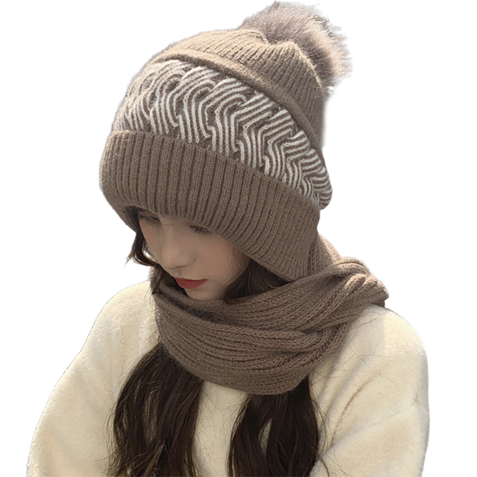 Hat Scarf All-Matched Plush Ball Patchwork Women Hat Scarf