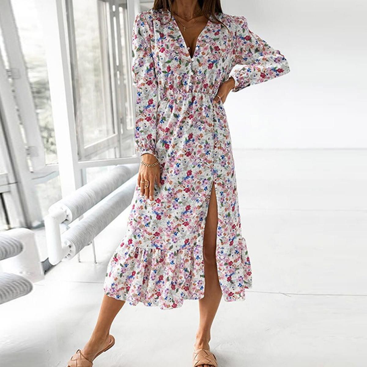 Sexy V Neck Autumn Party Dress Women Elegant Gorgeous Floral Prints A-Line Dress Fashion Long Sleeve Slit Long Dresses Vestidos