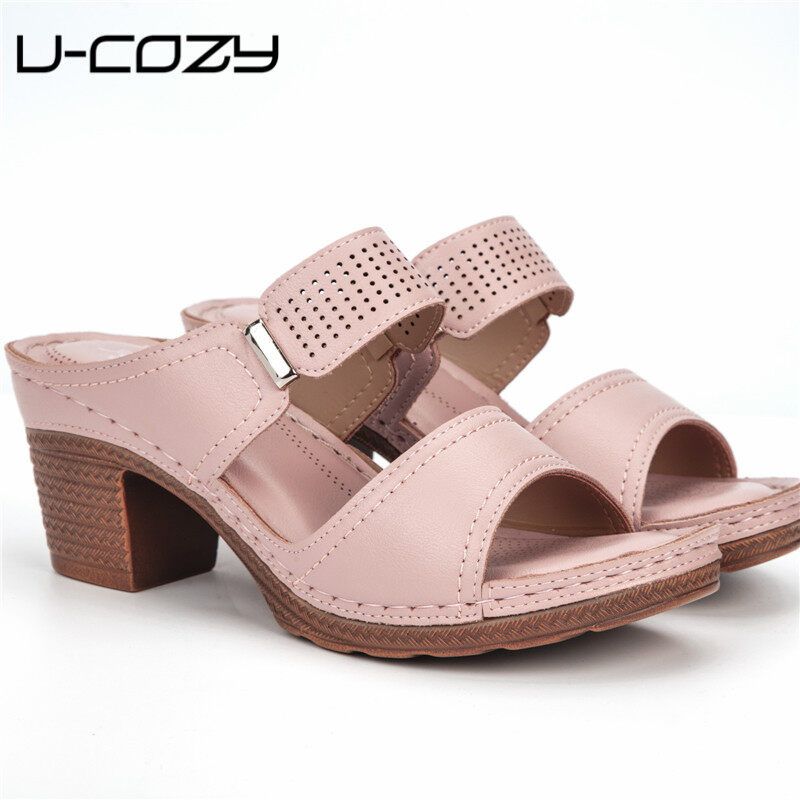 Women Thick Heels Sandals Ladies Casual Ankle Slip-on Wedge Mules