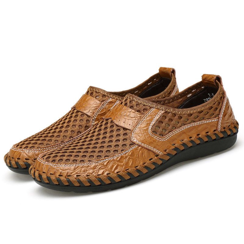 YJP Men Loafers Patchwork Leather Mesh Casual Shoes Man Summer Beach Shoes Slip-on Soft Sole Male Breathable Driving Flats