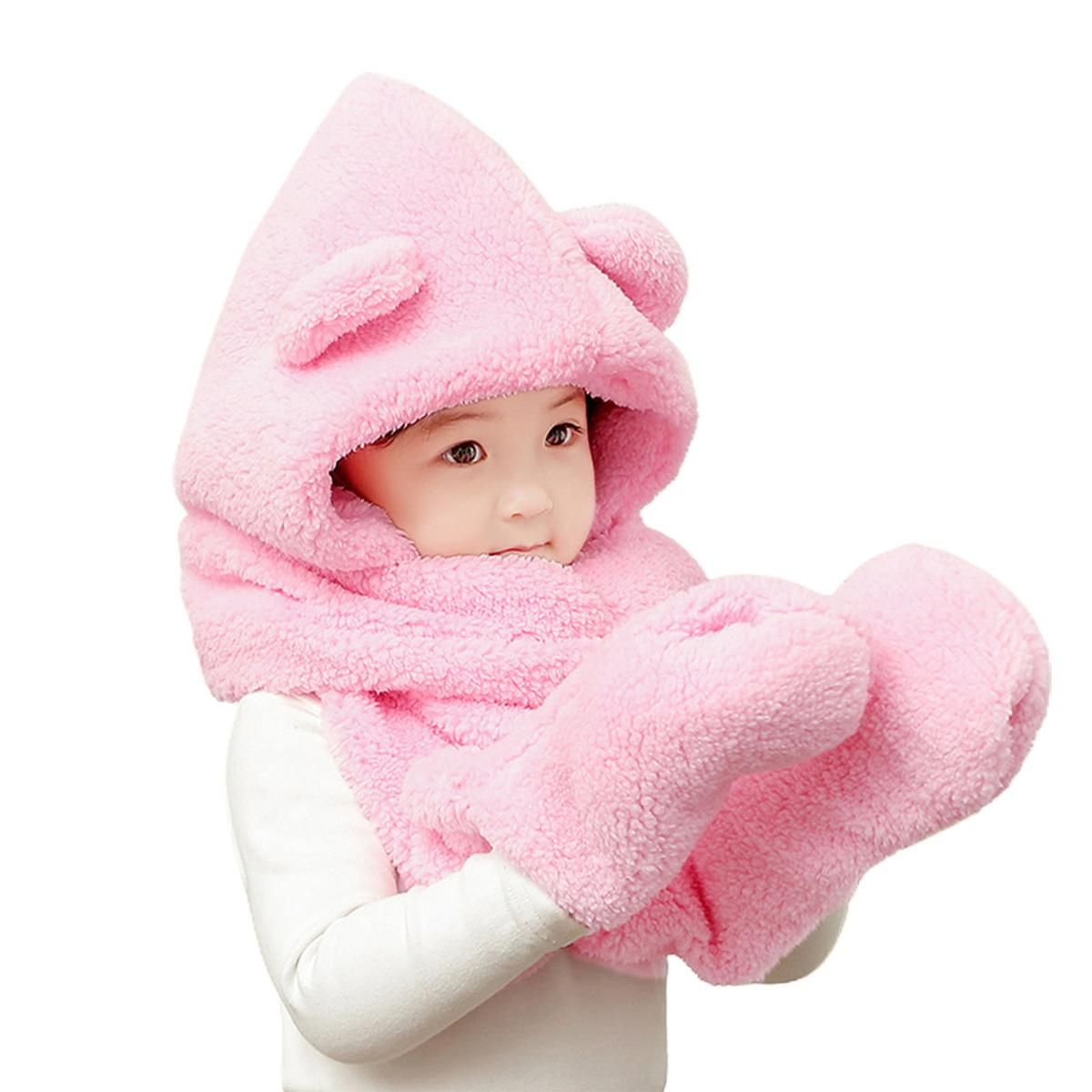 Children Gloves Hat Skin-Touch Cartoon Bear Ear Plush Girls Scarf Hat Gloves
