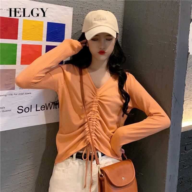 IELGY Top Korean version V-neck Autumn Casual All-match Women's shirt Long sleeve Slim