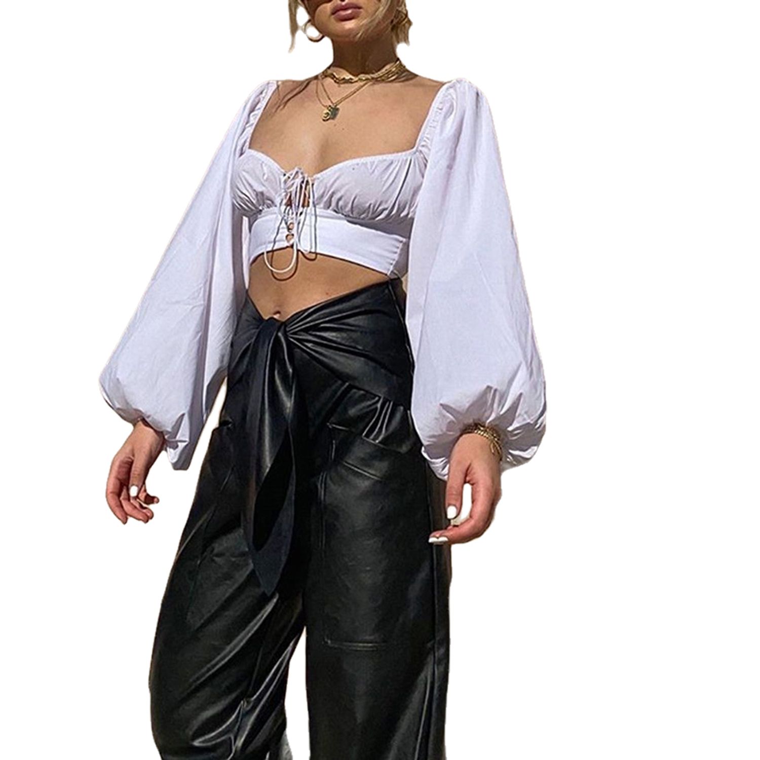 New Women Summer Long-sleeved Cardigan Fashion Solid Color Square Collar Lace up Exposed Navel T-shirt